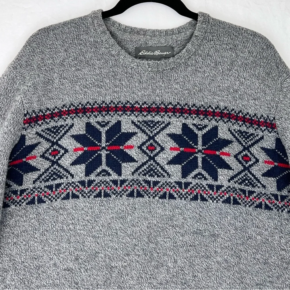 Eddie Bauer Knit Sweater Fair Isle Wool Acrylic Blend Mens Size Tall XL Gray